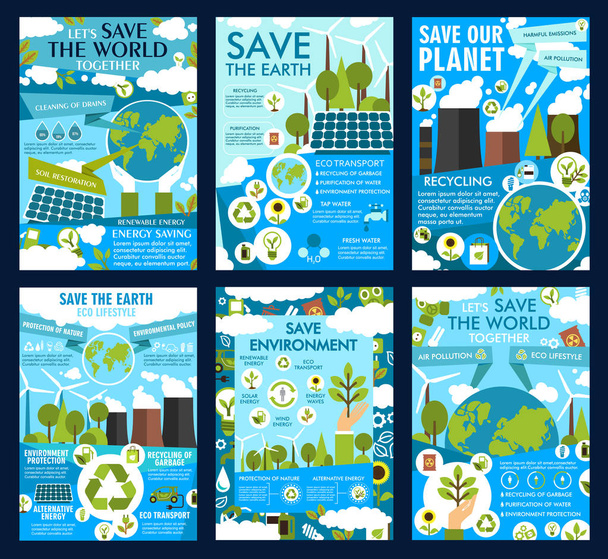 Zachránit zemi a zelená eco planeta vektor plakáty - Vektor, obrázek