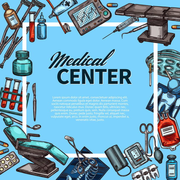 Orvosi központ és az orvostudomány elemek vázlat poszter - Vektor, kép