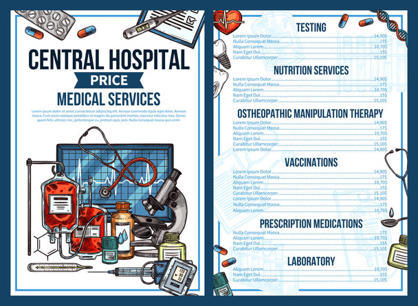 Centrale medische ziekenhuis vector schets prijslijst - Vector, afbeelding