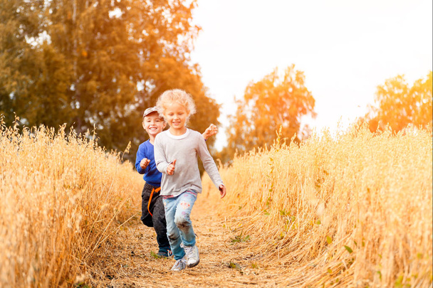 Μικρό αγόρι και κορίτσι σε έναν τομέα σίτου στο φως του ήλιου, τρέξιμο, παίζοντας την απόλαυση της φύσης. Παιδί αύξηση πάνω από το πεδίο και το φόντο του ουρανού ηλιοβασίλεμα. Έννοια περιβάλλον παιδιά - Φωτογραφία, εικόνα