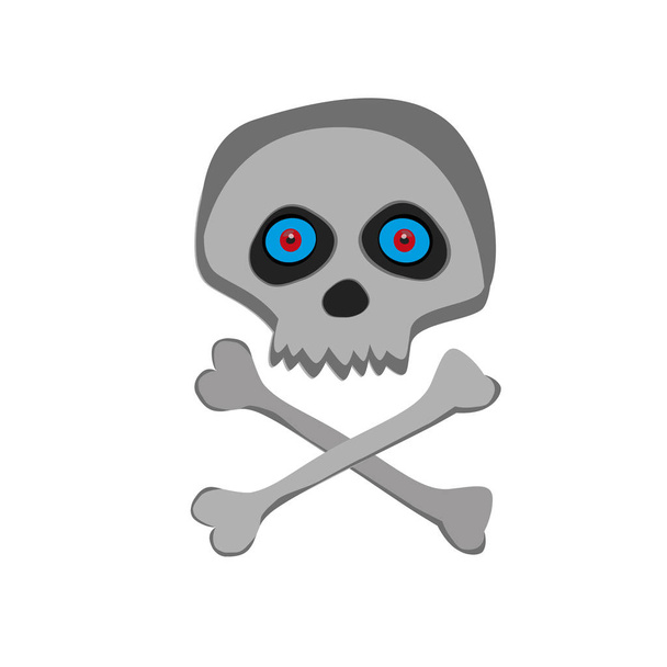 Vector cartoon skeleton scull with blue red eyes isolated on white background. Halloween icon, clip art, digital design element, pirate symbol, sign. - Vector, Image