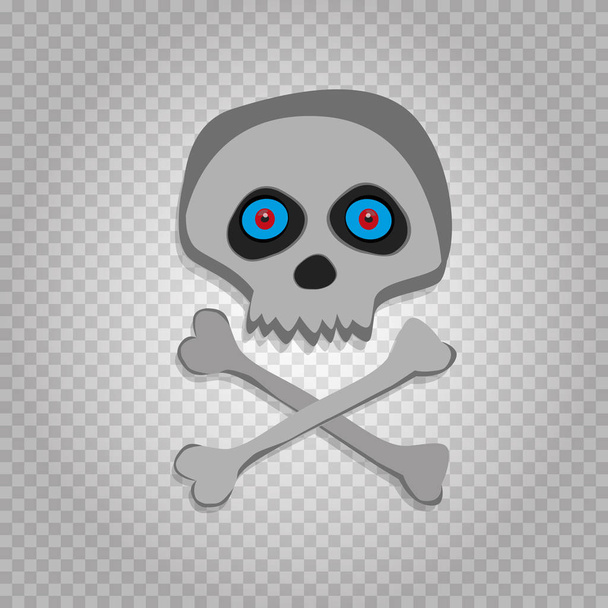 Vector cartoon skeleton scull with blue red eyes isolated on transparent background. Halloween icon, clip art, digital design element, pirate symbol, sign. - Vector, Image