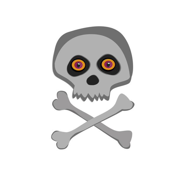 Vector cartoon skeleton scull with orange eyes isolated on white background. Halloween icon, clip art, digital design element, pirate symbol, sign. - Vector, Image