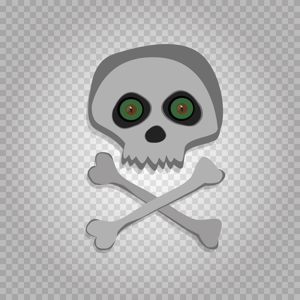 Vector cartoon skeleton scull with green angry eyes isolated on transparent background. Halloween icon, clip art, digital design element, pirate symbol, sign. - Vector, Image