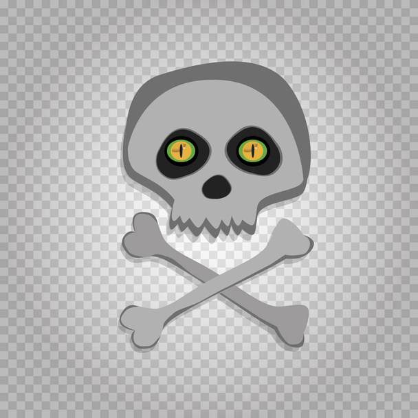 Vector cartoon skeleton scull with yellow angry eyes isolated on transparent background. Halloween icon, clip art, digital design element, pirate symbol, sign. - Vector, Image