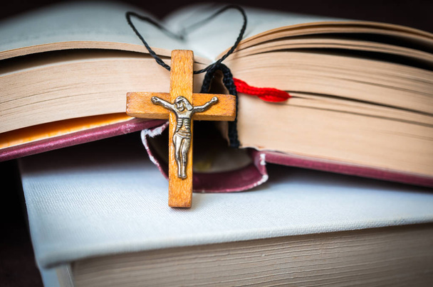 Christian dřevěný kříž náhrdelník na Písmo svaté - náboženský pojem - Fotografie, Obrázek