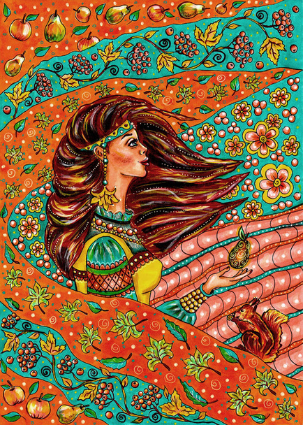 Portret pięknej dziewczyny w starożytna słowiańskie sukienka z jesień tło z owoców i jagód w stylu zen Nieplączący - Zdjęcie, obraz