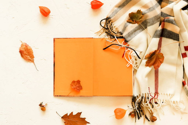 Autumn background. Open book for text layout, mock up , scarf in a cage, glasses and autumn leaves on a light vintage background. Flat lay. Top view. Copy space - Foto, afbeelding