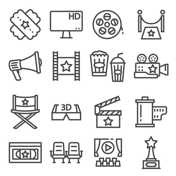 Películas vector ilustración icono conjunto. Cámara, película, premios, palomitas de maíz 3d y más
 - Vector, imagen