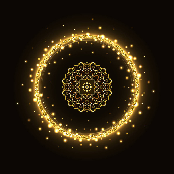 Círculo de oro abstracto brillante brillante marco con mandala sobre fondo negro
. - Vector, imagen
