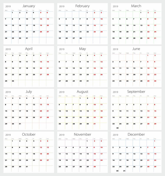 Vector kalender 2019 (Engelse versie) - Vector, afbeelding