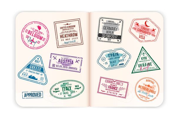 Páginas realistas de pasaportes con sellos de visa. Pasaporte extranjero abierto con sellos de visa personalizados. Concepto de viaje a los países europeos. Vector
 - Vector, Imagen