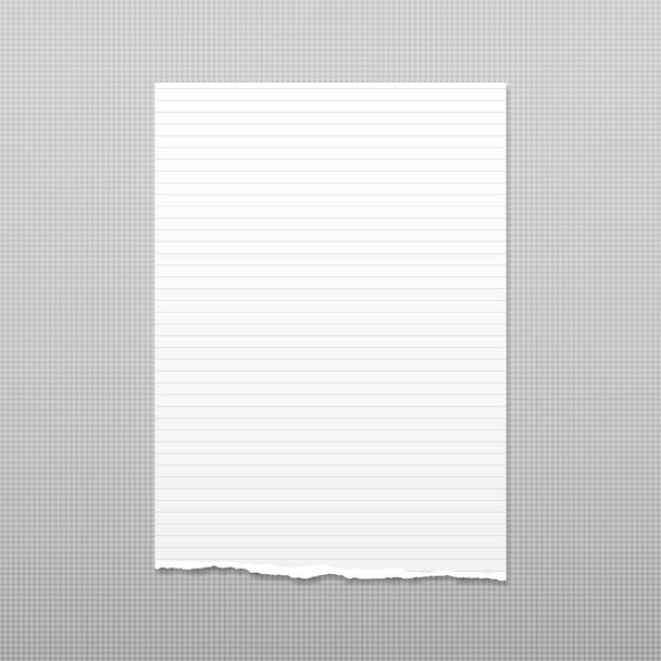 Witte note, notebookpapier met gescheurde rand geplakt op het grijze vierkant achtergrondgeluid. Vectorillustratie. - Vector, afbeelding