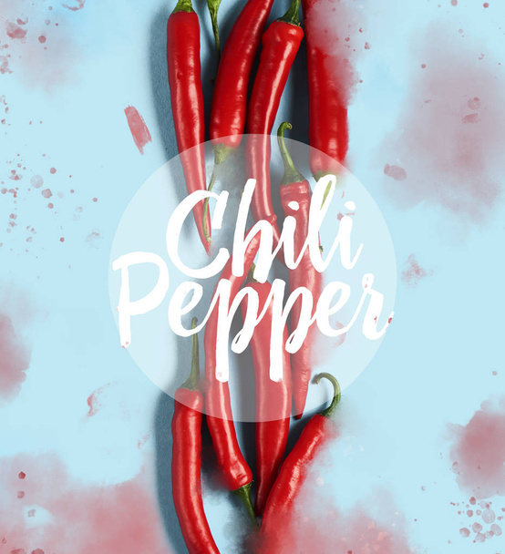 Flat lay red chili peppers pattern on blue background. Top view - Fotografie, Obrázek