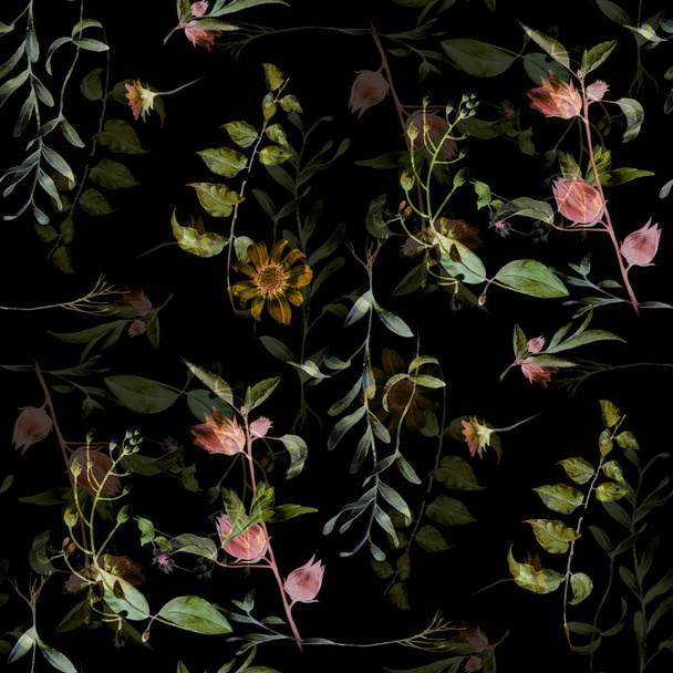Watercolor painting of leaf and flowers, seamless pattern on dark background - Foto, Imagen