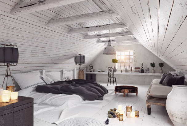 moderne zolder slaapkamer ontwerp met witte muren. 3D rendering interieur  - Foto, afbeelding