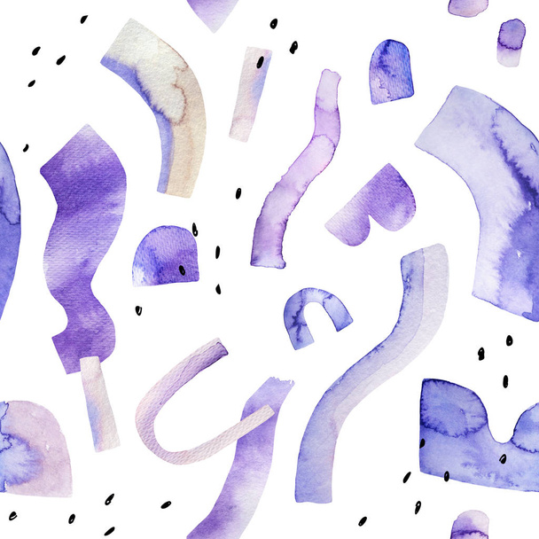abstrakter Aquarell-Hintergrund mit Hipster, Bauhaus, minimalen Elementen. Art Design in violett, Lavendel Retro-Farben. handbemalte geometrische Illustration - Foto, Bild