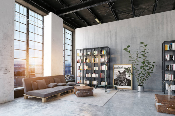 moderno soggiorno soppalco con libreria. Progettazione rendering 3d
  - Foto, immagini