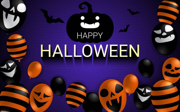 Banner de Halloween feliz con globo de miedo en el diseño de fondo oscuro. Halloween celebración concepto publicidad vector ilustración
. - Vector, imagen