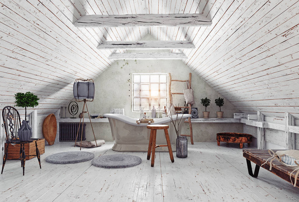 modern attic white bathroom interior. 3d rendering design  - Photo, Image