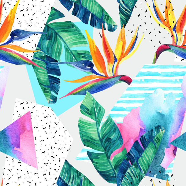 Abstract tropical summer design in minimal style. Watercolor exotic flowers, leaves, grunge textures, doodles seamless pattern. Water color background with 80s 90s elements. Hand painted illustration - Photo, Image
