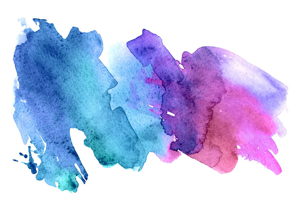 Bright watercolor stain isolated on a white background. Abstract illustration in vivid blue pink colors. Can be used for banner, flyer, header design - 写真・画像