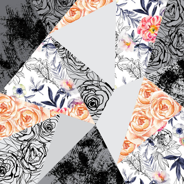 Νερομπογιές και μελάνι doodle λουλούδια, φύλλα, ζιζάνια αφηρημένα φόντο. Ζωγραφισμένα στο χέρι, συντάσσονται floral στοιχεία (με τριαντάφυλλα, ανεμώνες, ranunculus, Λιβάδι βότανα), grunge υφές σε γεωμετρικά σχήματα - Φωτογραφία, εικόνα