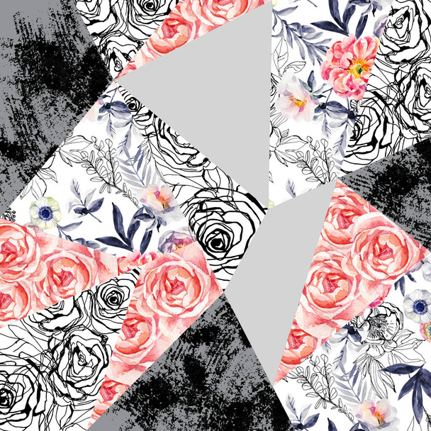 Aquarel en inkt doodle bloemen, bladeren, onkruid abstracte achtergrond. Hand geschilderd, getekende bloemen elementen (met rozen, anemonen, Boterbloem, weide kruiden), grunge texturen in geometrische vormen - Foto, afbeelding