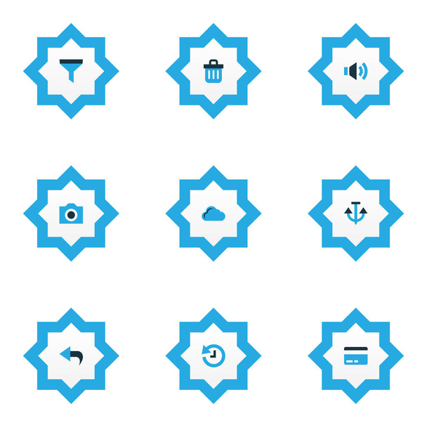 Conjunto de iconos de usuario coloreado con filtro, bote de basura, nube y otros elementos de volumen. Iconos de usuario de ilustración vectorial aislado
. - Vector, imagen