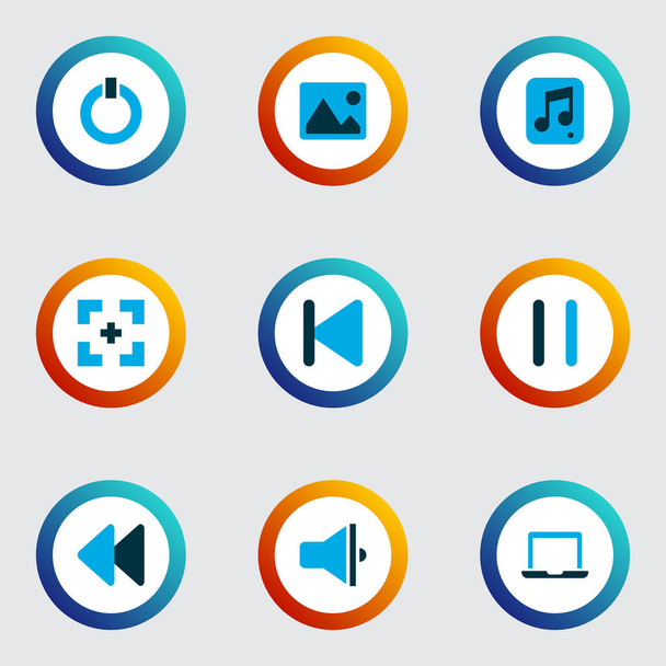 Multimédia ikonok színes készlet-val laptop, szünet, visszatekerés, és notebook elemeivel. Elszigetelt vektoros illusztráció multimédia ikonok. - Vektor, kép