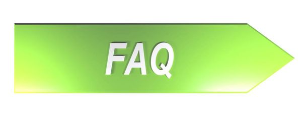 O FAQ escrita em letras brancas em uma seta verde apontando para a direita, no fundo branco - ilustração renderização 3D
 - Foto, Imagem