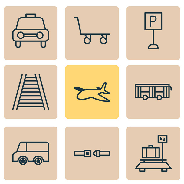 Transport-Symbole mit Trolley, Auto, Flugzeug und anderen Sicherheitsgurtelementen. isolierte Vektor-Illustration Transport-Symbole. - Vektor, Bild