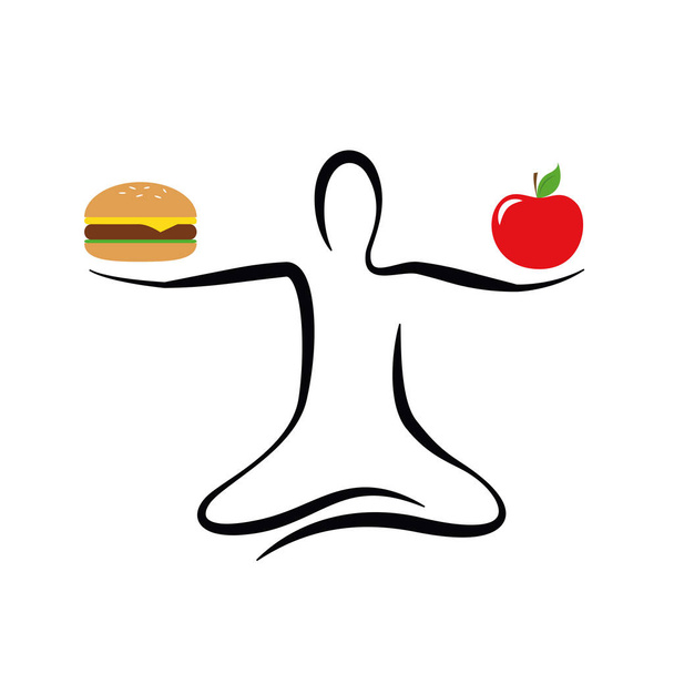 healthy apple and unhealthy fast food yoga pose - Vector, Image