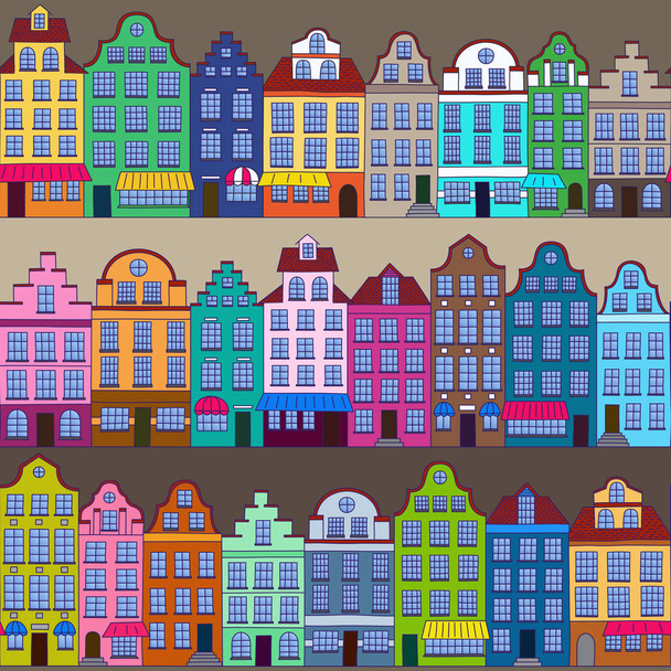 ヨーロッパ スタイルのタウンハウスでのシームレスなパターン。カラフルな手描きの家。無限の背景. - ベクター画像