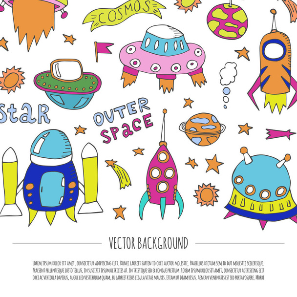 Ilustración de dibujos animados vectoriales con colección de diferentes naves espaciales alienígenas de colores. Vector icono OVNI. Bonita nave espacial, objetos de galaxia. Libro de niños o ilustración de portada. Fondo de cohete dibujado a mano
 - Vector, Imagen