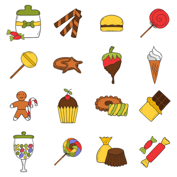 Vector cartoon illustration with hand drawn candy shop icons. Sugar sweets, lollipop, chocolate, candy bars, bonbons in cute hand drawn style. Vector candy land cartoon icons - Vector, Image