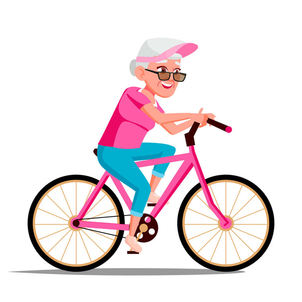Oude vrouw rijden op fiets Vector. Gezonde levensstijl. Fietsen. Buitensport activiteiten. Geïsoleerde illustratie - Vector, afbeelding