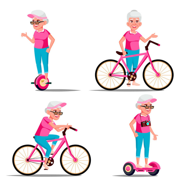 Stara kobieta jazda Hoverboard, rower wektor. Miasto aktywności sportowych na świeżym powietrzu. Gyro skuter, rower. Eco Friendly. Zdrowy styl życia. Ilustracja na białym tle - Wektor, obraz