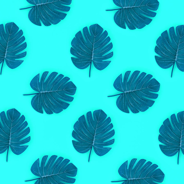 Tropical palm monstera leaves lies on a pastel colored paper. Nature summer concept pattern. Flat lay composition. Top view - Photo, Image