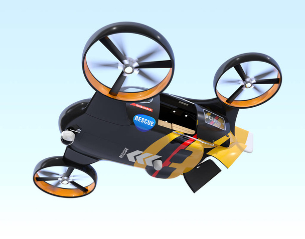 Self-jazdy Rescue Drone unosić się w niebo z drzwi i tylnej klapy otwarte. Dostaw humanitarnych w drone, czekając na krople. 3D renderowania obrazu. - Zdjęcie, obraz