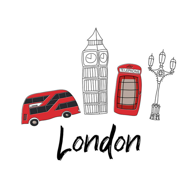 Vector  doodle illustration symbols of London, the UK. Famous British symbols in the simple minimalistic style. Ideal for souvenir production - Vector, Imagen