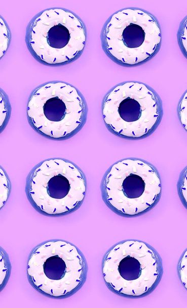 Muchos pequeños donuts de plástico se encuentra en un fondo de colores pastel. Piso establecer un patrón mínimo. Vista superior
 - Foto, Imagen