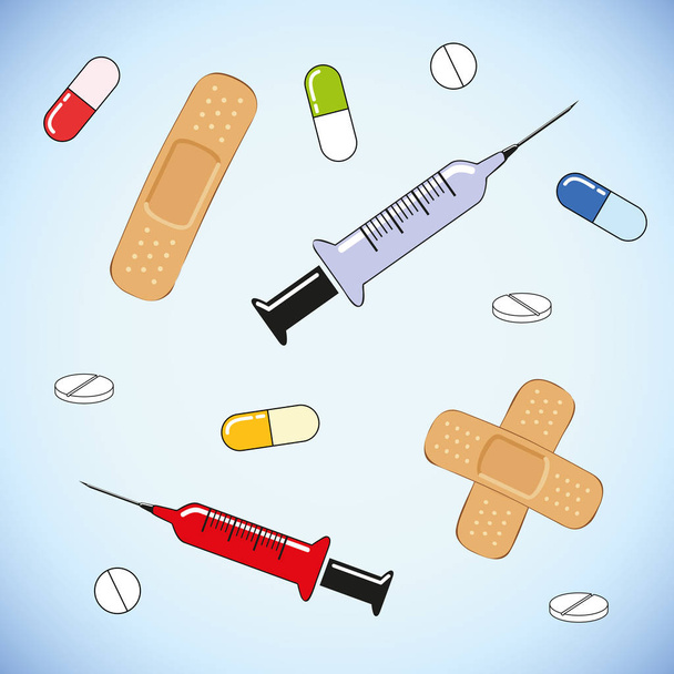Set of pills injection syringe and patch medical background - Vector, Image