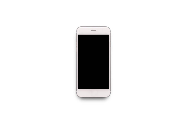 Білий мобільний телефон на білому ізольованому фоні. Плоский прошарок, вид зверху
. - Фото, зображення