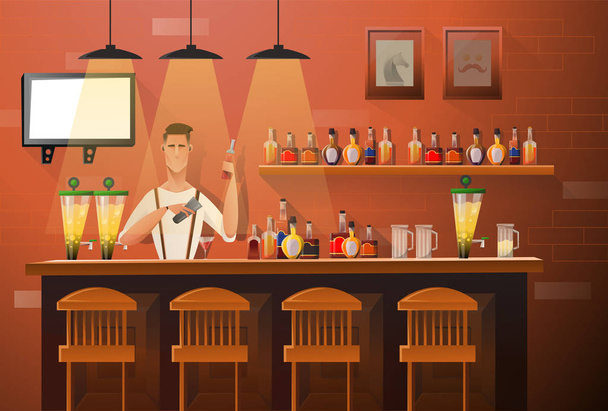 Vector banner of interior with bar counter, bar chairs and shelves with alcohol. Bartender at the counter works. Handsome bartender makes the cocktail - Vector, Image