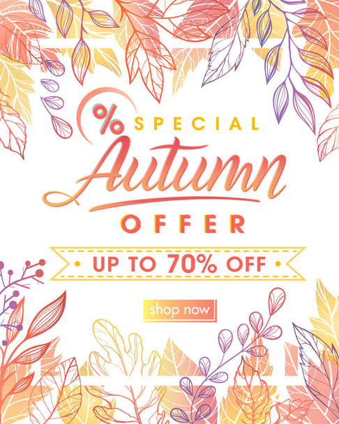 Autumn special offer banner.Hand drawn lettering autumn with leaves in fall colors.Sale season card perfect for prints, flyers,banners, promotion,special offer and more. Vector autumn promotion. - Vector, Imagen