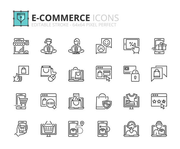 Overzicht pictogrammen over e-commerce. Online winkelen. Bewerkbare beroerte. 64 x 64 pixel perfect. - Vector, afbeelding