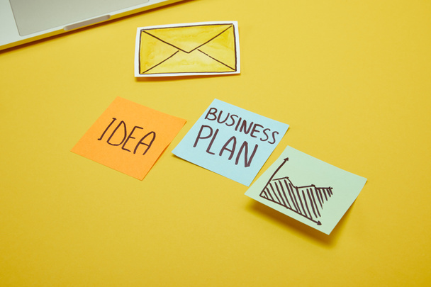 papieren stickers met woorden, idee en business plan op gele ondergrond - Foto, afbeelding