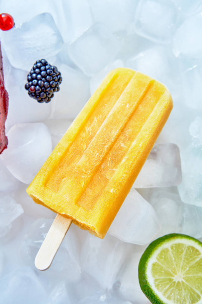 Yellow lemon sorbet ice cream with lime and berries over the ice , flat lay. Summer dessert - Φωτογραφία, εικόνα