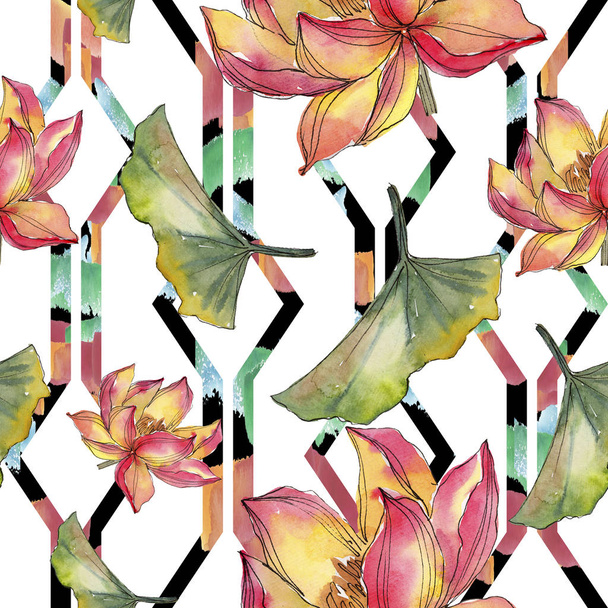 Aquarel kleurrijke lotusbloem. Floral botanische bloem. Naadloze achtergrondpatroon. Structuur behang print textuur. Aquarelle wildflower voor achtergrond, textuur, wrapper patroon, frame of rand. - Foto, afbeelding